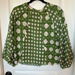 Misa Los Angeles Geometric Green and Cream Blouse